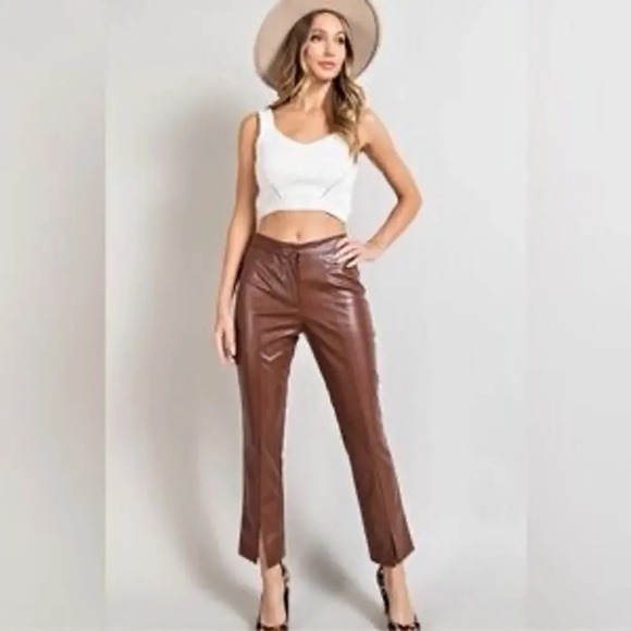 New WILDFOX  Brown Faux Leather Front Seam Ankle Slit High Rise Pants Women’s M - Picture 1 of 11